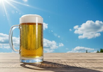 青空の下　ビアガーデンで冷えたビールを楽しむ