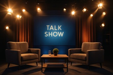 Grand empty television talk show studio set with plush velvet armchairs a sleek modern coffee table and vibrant stage lighting casting dramatic shadows and highlights.