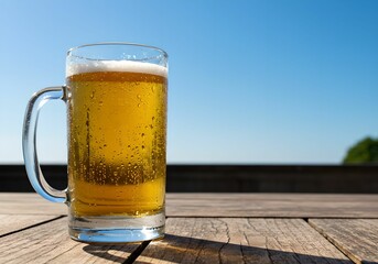 青空の下　ビアガーデンで冷えたビールを楽しむ