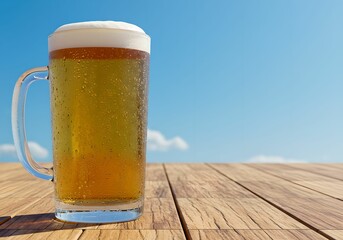 青空の下　ビアガーデンで冷えたビールを楽しむ