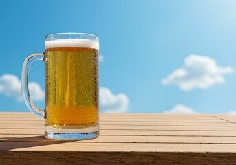 青空の下　ビアガーデンで冷えたビールを楽しむ