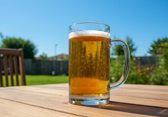青空の下　ビアガーデンで冷えたビールを楽しむ