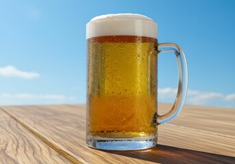 青空の下　ビアガーデンで冷えたビールを楽しむ