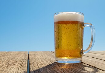 青空の下　ビアガーデンで冷えたビールを楽しむ