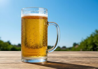 青空の下　ビアガーデンで冷えたビールを楽しむ