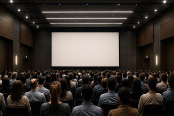 Modern Auditorium or Conference Hall Filled with a Diverse Audience Facing a Large Blank Projection Screen Ready for a Presentation or Event AI Generated