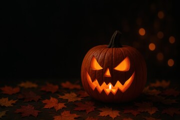 Spooky Halloween Scene with a Carved Jack O'Lantern Pumpkin Glowing from Within Surrounded by Autumn Leaves on a Dark Bokeh Background with Ample Copy Space