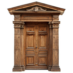 Obraz premium Beautifully crafted wooden door with intricate carvings and classical columns, exuding elegance and charm. detailed design showcases craftsmanship and timeless architecture