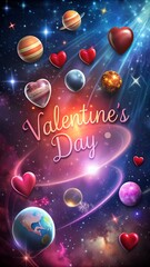 Valentine celebration in cosmos with hearts planets stars moon and sun glowing bright in romantic futuristic setting laralara for creating ads news