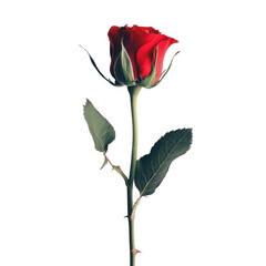 Obraz premium Beautiful red rose with lush green leaves stands elegantly against transparent background, symbolizing love and passion. This stunning flower captures essence of romance and nature beauty