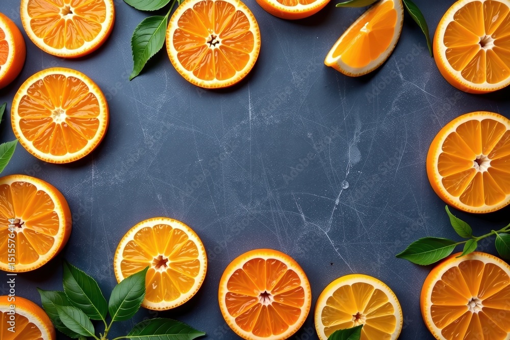 Poster sliced oranges and green leaves are arranged in a circle on a dark textured surface, creating a fres