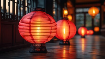 Fototapeta premium A warm, inviting scene of illuminated red Chinese lanterns creating a festive and traditional ambiance on a reflective