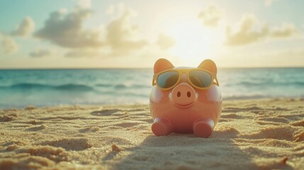 Piggy Bank Relaxing on a Sunny Beach.