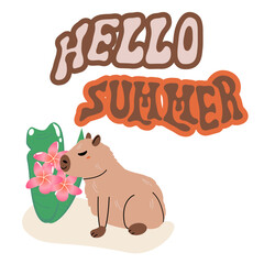 Retro Groovy Hello Summer Illustration with cute Capybara