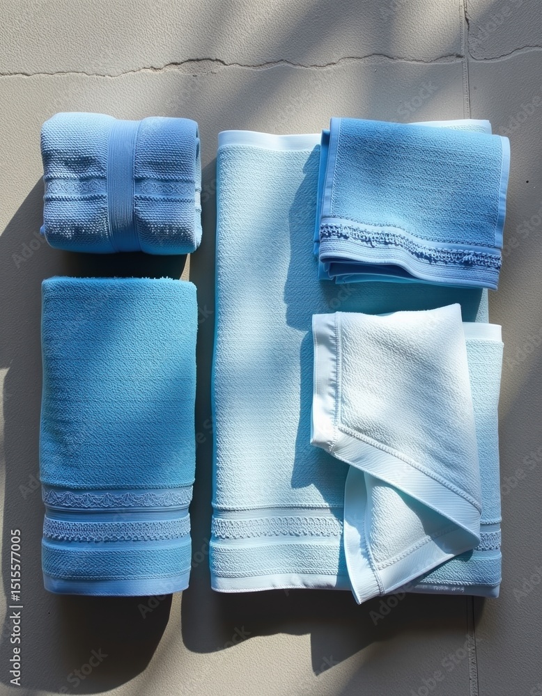 Poster neatly arranged soft blue towels of various sizes are placed on a light surface, illuminated by natu