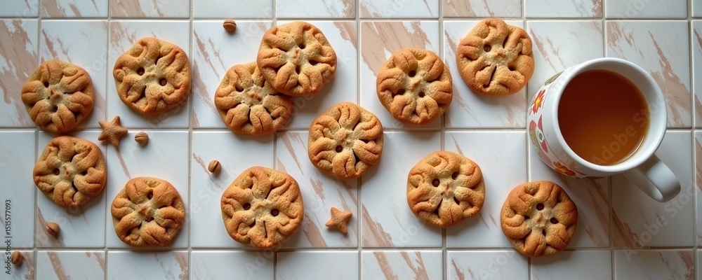 Aufkleber cookies and a cup of tea arranged on a tiled surface, creating a cozy and inviting snack setup.
