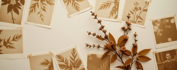 Sepia-toned vintage photographs of leaves and a portrait are arranged with dried foliage on a white surface, evoking nostalgia and natural beauty.