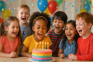 Joyful diverse children excitedly gathered around a colorful birthday cake adorned with lit candles on a decorated table their faces beaming with anticipation and fun.