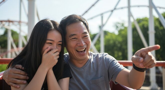 A joyful scene of a young woman and a man laughing on an amusement park ride, vibrant sunlight illuminating their expressions, soft focus on the roller coaster background - Powered by Adobe