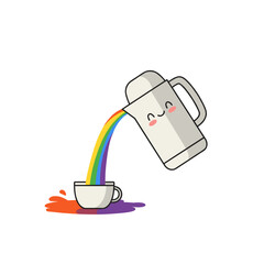 Cute pitcher pouring rainbow liquid into smiling cup  