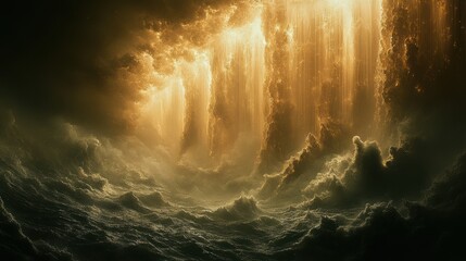 Dramatic golden storm ocean view with light rays piercing through dark clouds landscape concept style