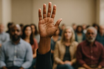 Single determined hand raised high amidst a blurred diverse assembly during a town hall meeting symbolizing active citizen participation in democratic decision-making.