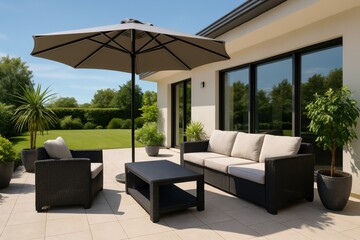 Spacious modern house terrace with stylish dark grey rattan garden furniture comfortable cushions a large parasol and lush green potted plants overlooking a manicured lawn.