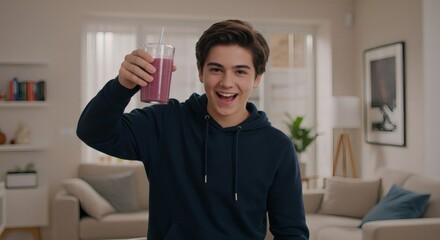 Happy young man drinking healthy smoothie at home lifestyle