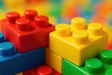 Vibrant macro close-up of interconnected colorful plastic building blocks from a children's construction toy set against a playfully blurred bright background.
