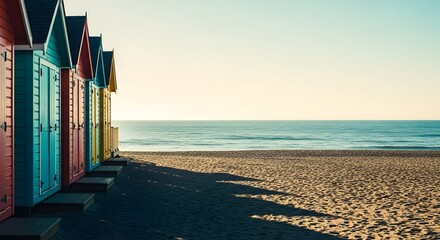 Obraz premium Vibrantly colored beach huts line a sandy shore, casting long shadows towards the tranquil ocean under a clear, bright sky.