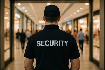 Vigilant Security Guard in Full Uniform Maintaining a Watchful Stance at the Entrance of a Bustling Modern Shopping Mall Ensuring Public Safety