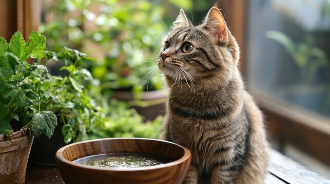 Attentive tabby cat observing serene herbs by sunlit window beautiful greenery and a wooden bowl full of fresh water - Powered by Adobe