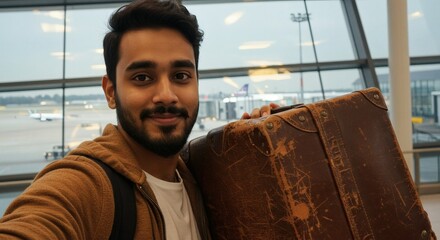 Man with vintage suitcase at airport ready for travel abroad