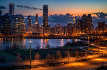 major city after sunset with skyscraper lights shining and refections on river