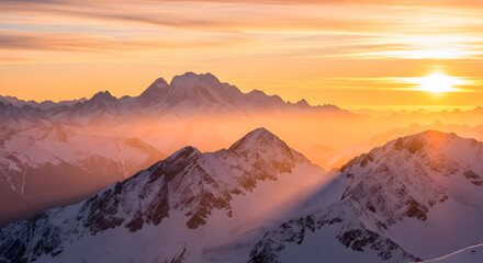Spectacular Mountain Peaks At Sunrise Casting Long Shadows Over Snowscape