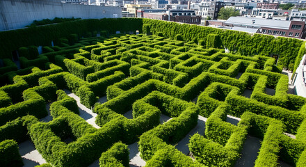 Aerial View Of Green Maze With Buildings In The Background On Sunny Day