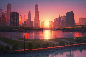 major city after sunset with skyscraper lights shining and refections on river