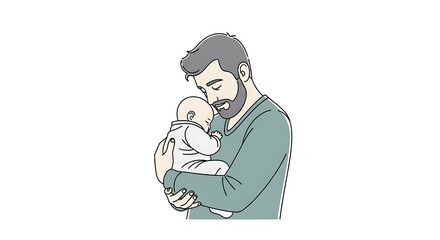 Father holding sleeping baby, line art