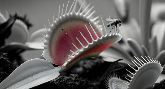 Carnivorous Appetite Awaits Unwary Prey in Black and White Botanical Still Life
