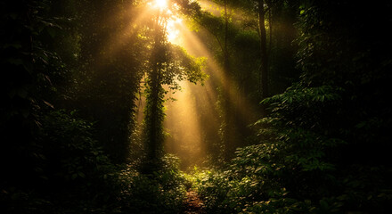 Fototapeta premium Mystical Forest Sunlight Piercing Through Dense Foliage In A Lush Jungle