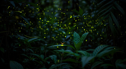 Mystical Forest Illuminated By Fireflies At Night Time In Summer Season