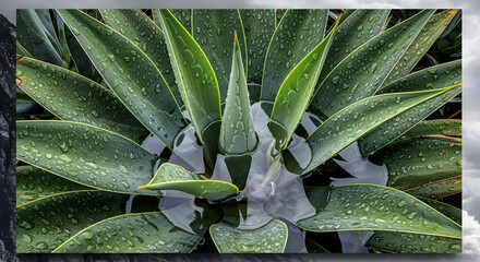 Fototapeta premium Abstract Aquatic Agave Displaying Natural Beauty After Gentle Rainfall Event