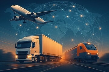 Global logistics network showcasing seamless integration of cargo plane freight truck and high-speed train for efficient worldwide business supply chain management