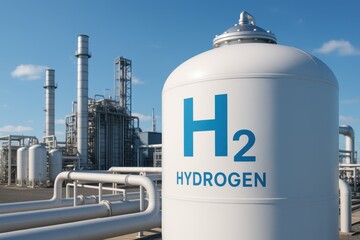 Industrial H2 hydrogen fuel storage tank prominently displayed with a modern hydrogen power plant facility in the background symbolizing the shift to clean energy and net zero emissions by 2050