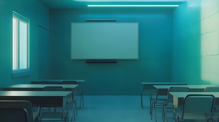 Empty classroom with teal walls and tables.