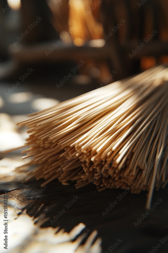 Poster bamboo weaving in progress, showing baskets of varying sizes. the craft involves handmade workmanshi