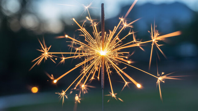 Burning sparkler at dusk outdoor setting