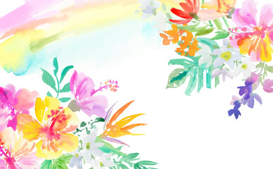Abstract watercolor vector illustration of pink and yellow hibiscus, monstera, and tropical plants for background use. Hand-drawn frame with tropical flowers and a rainbow.