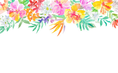 Abstract watercolor vector illustration of pink and yellow hibiscus, monstera, and tropical plants for background use. Hand-drawn frame with tropical flowers for summer events.