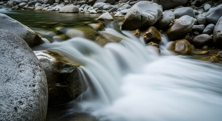 Cascading Water Flows Down Rocky River With Long Exposure Shot